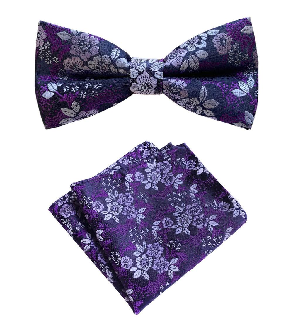 6441 Classic Violet Dark Purple Bow Tie Pocket Square Set Jacquard Woven
